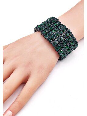 Ever Faith Green Austrian Crystal Wide Stretch Statement Bracelet Art Deco Style